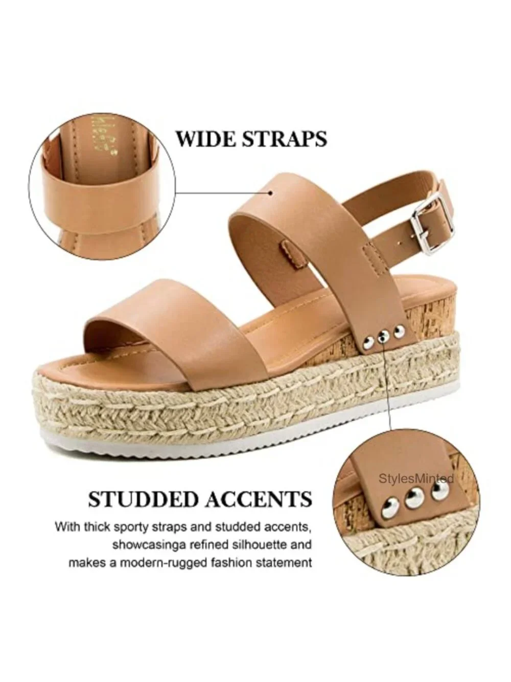 Women's Espadrilles Wedge Sandals Ankle Strap Buckle Open Toe Studded Platform